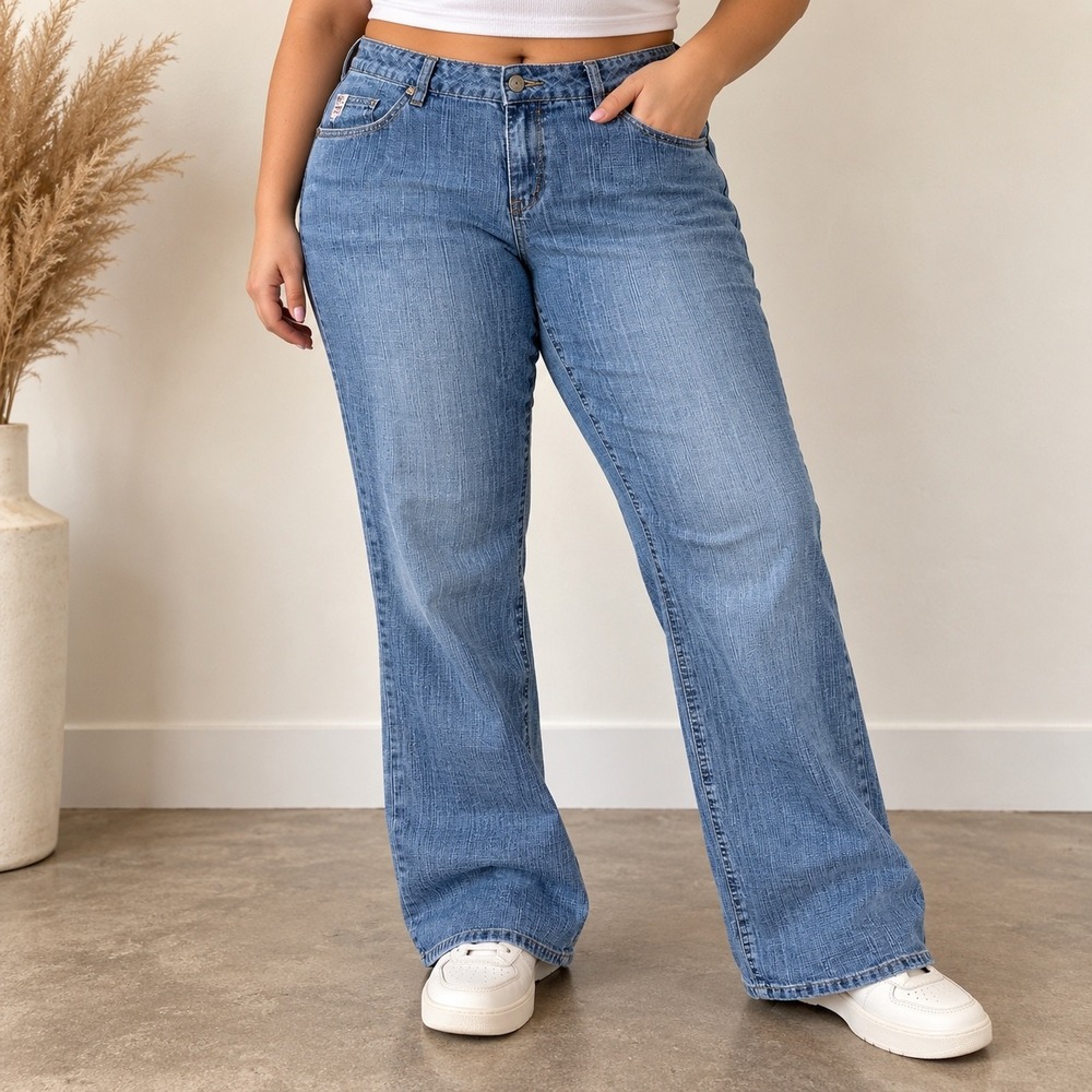 Plugg Womens 22W Medium Wash Straight Leg Y2K Crosshatch Denim Jeans